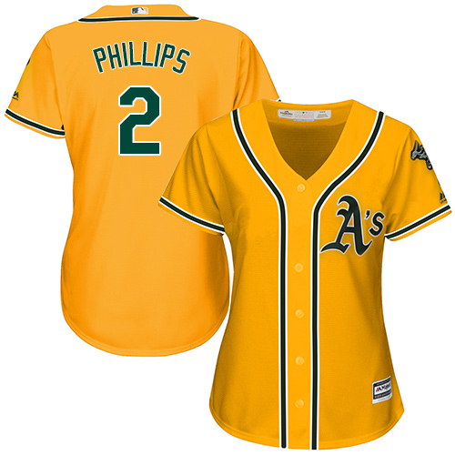 Athletics #2 Tony Phillips Gold Alternate Women's Stitched MLB Jersey - Click Image to Close